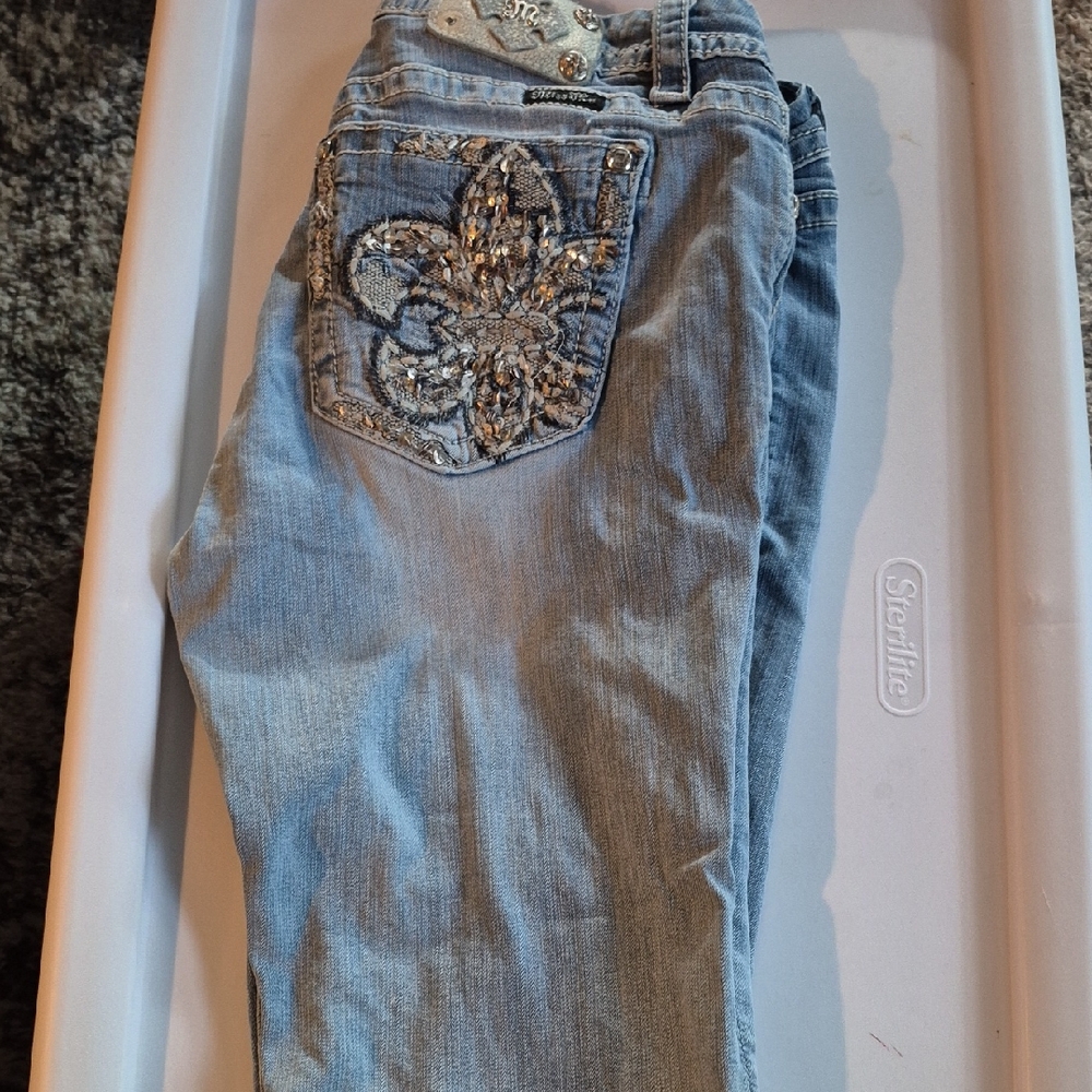 Miss Me Blue Ankle Cropped Jeans with Embellished Design